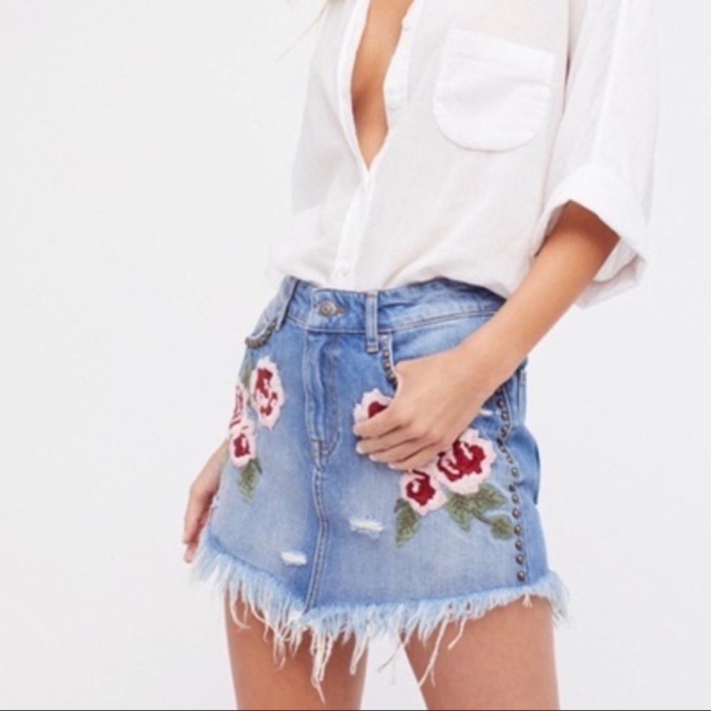 Free People Denim Embroidered Mini Skirt